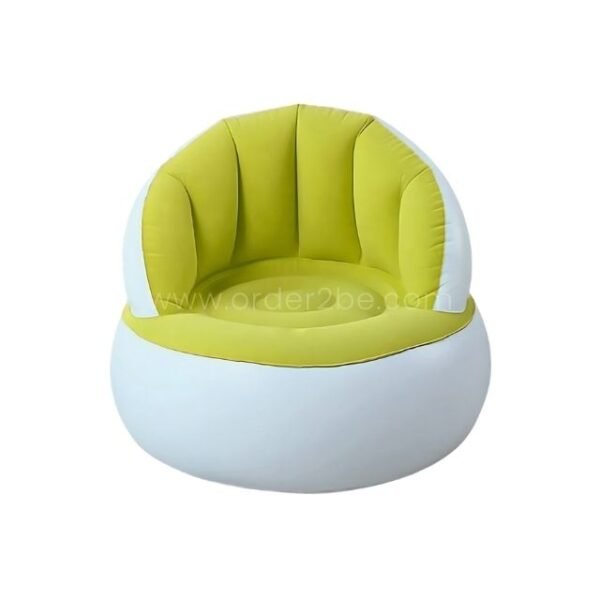 A bright green and white inflatable lounge chair, lightweight and easy to carry.