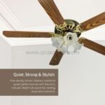 Close-up view of the motor housing and wooden blades on the Prosonic Classic 52" ceiling fan.