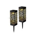A pair of creative solar garden lights with intricate, patterned designs, showcasing their elegant and functional design.