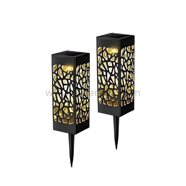 A pair of creative solar garden lights with intricate, patterned designs, showcasing their elegant and functional design.