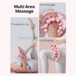 Demonstration of the pink handheld massager being used for arm and leg massages.