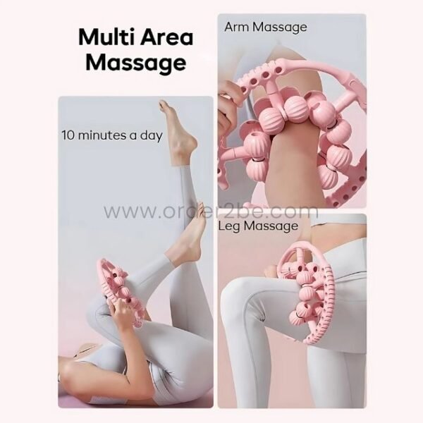 Demonstration of the pink handheld massager being used for arm and leg massages.