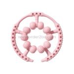 Front view of the pink leg massager, showcasing its ergonomic design and multiple rollers.