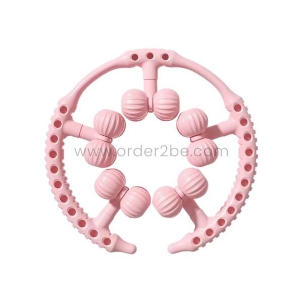 Front view of the pink leg massager, showcasing its ergonomic design and multiple rollers.