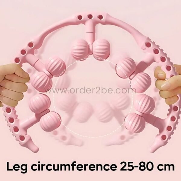Illustration showing the adjustable fit range of the pink handheld massager, accommodating leg circumferences from 25-80 cm.
