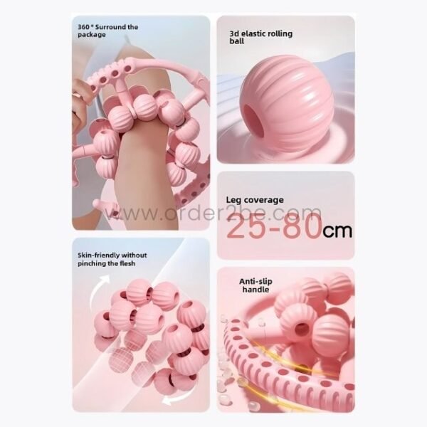 Demonstration of the pink leg massager being used for arm and leg massages, emphasizing its versatility.