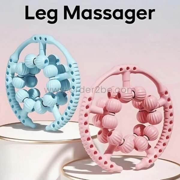 Two color options of the leg massager—blue and pink—displayed side by side on a clean background.