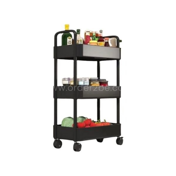 Black 3-tier rolling organizer packed with fruits, snacks, and condiments in a kitchen.