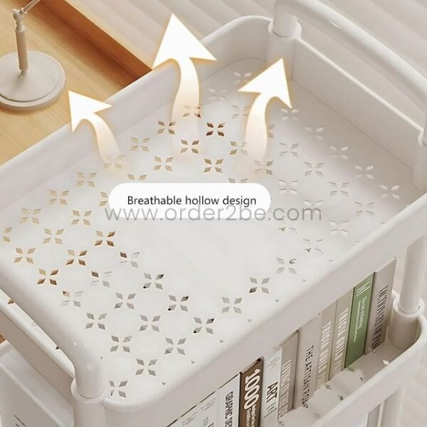 Close-up of white 3-tier rolling organizer showing hollow cutouts for airflow and design flair.