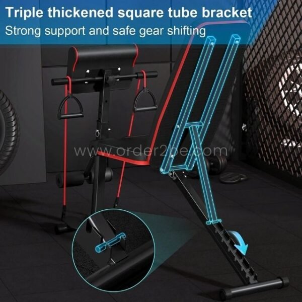 A close-up of the triple thickened square tube bracket on an adjustable full-body workout bench, emphasizing its strong support and safe gear shifting.