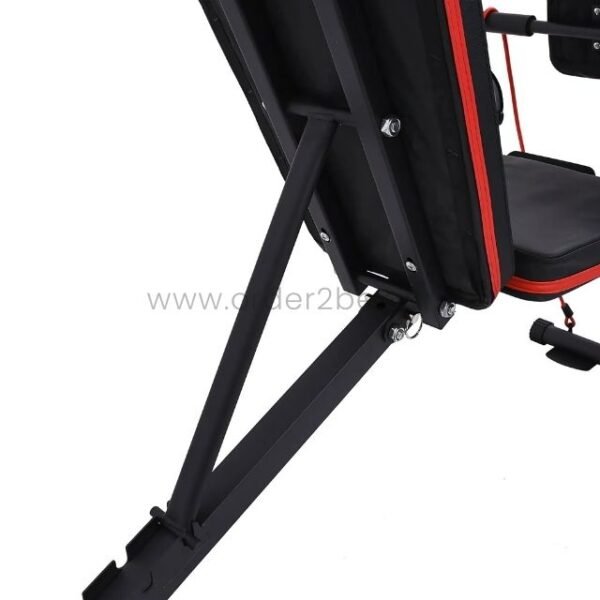 A close-up of the adjustable backrest mechanism on an adjustable full-body workout bench, highlighting its secure locking system.