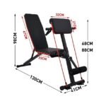 An adjustable full-body workout bench with labeled dimensions, showcasing its precise size and measurements.