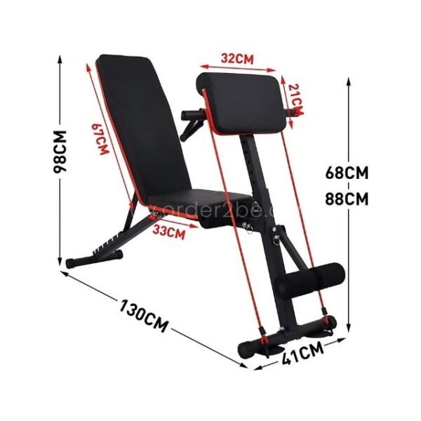 An adjustable full-body workout bench with labeled dimensions, showcasing its precise size and measurements.