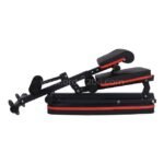 An adjustable full-body workout bench in its flat, compact layout, highlighting its space-saving design.