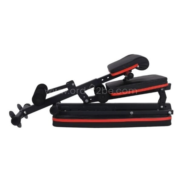 An adjustable full-body workout bench in its flat, compact layout, highlighting its space-saving design.