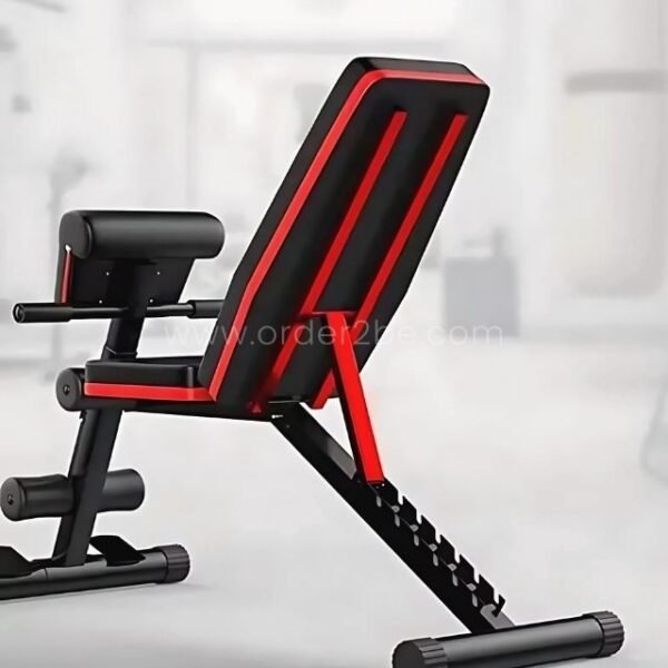 The back view of an adjustable full-body workout bench, showcasing its adjustable settings and sturdy construction.