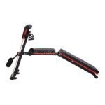 An adjustable full-body workout bench set at an inclined angle, perfect for ab workouts and bench pressing.