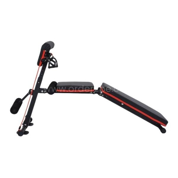 An adjustable full-body workout bench set at an inclined angle, perfect for ab workouts and bench pressing.
