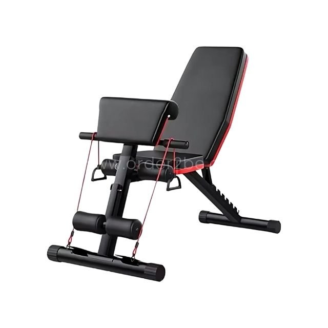 An adjustable full-body workout bench with a sleek black and red design, featuring integrated resistance bands.