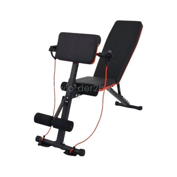 A sleek black and red adjustable full-body workout bench with integrated resistance bands, set against a clean white background.