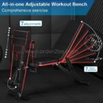 A detailed view of the all-in-one adjustable workout bench showcasing its seven backrest adjustment positions.