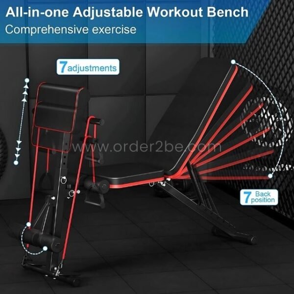 A detailed view of the all-in-one adjustable workout bench showcasing its seven backrest adjustment positions.