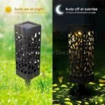 A split image showing a creative solar garden light automatically turning on at night and off at sunrise, highlighting its smart, self-regulating functionality.