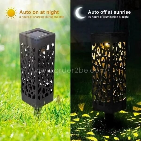 A split image showing a creative solar garden light automatically turning on at night and off at sunrise, highlighting its smart, self-regulating functionality.