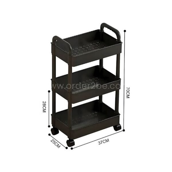 Black 3-tier rolling organizer with dimensions labeled: 70 cm tall, 37 cm wide, 25 cm deep.