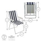 A detailed diagram highlights the dimensions of a classic striped beach chair with bold blue and white stripes, emphasizing its foldable feature and two-year warranty.