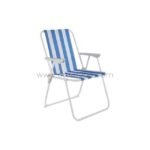 A classic striped beach chair with bold blue and white stripes stands out beautifully against a clean white background.