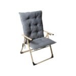 A close-up view of a comfortable camping recliner chair with padded cushions, showcasing its ergonomic design and sturdy frame.