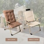 A side-by-side comparison showing the comfortable camping recliner with and without its padded cushion for enhanced comfort.