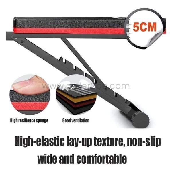 A close-up of the multi-functional home gym bench showcasing its high-resilience sponge padding, good ventilation, and non-slip surface, emphasizing comfort and safety.
