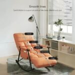 Orange ergonomic rocking chair showing labeled zones that support head, back, waist, legs, and hips for full-body relaxation.