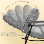 Gray lounge chair demonstrating five oscillation settings for personalized rocking and reclining.