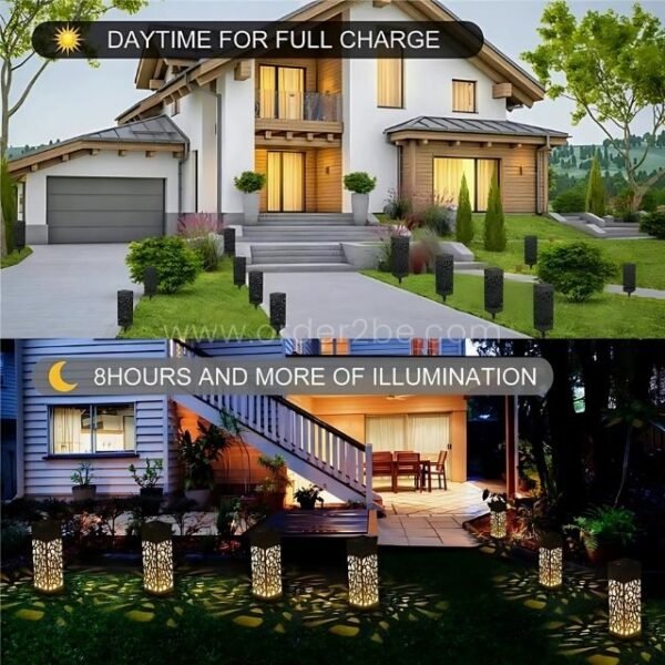A split image showing creative solar garden lights absorbing sunlight during the day and providing bright illumination at night for up to 8 hours.