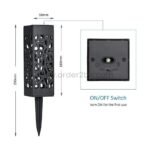 Detailed dimensions of a creative solar garden light, including its height (290mm), width (58mm), and depth (180mm), along with an ON/OFF switch for easy activation.