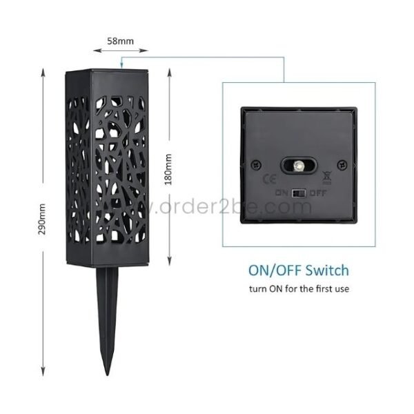 Detailed dimensions of a creative solar garden light, including its height (290mm), width (58mm), and depth (180mm), along with an ON/OFF switch for easy activation.