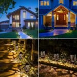 Four different scenes showcasing creative solar garden lights enhancing the ambiance of various outdoor spaces, including pathways, driveways, and gardens.