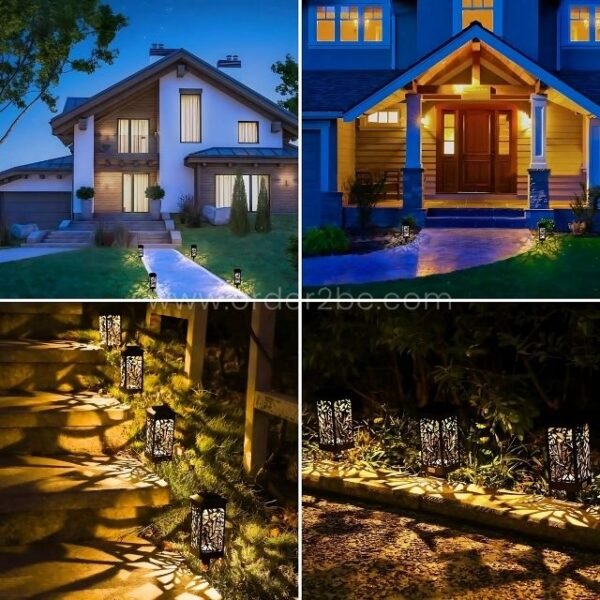 Four different scenes showcasing creative solar garden lights enhancing the ambiance of various outdoor spaces, including pathways, driveways, and gardens.