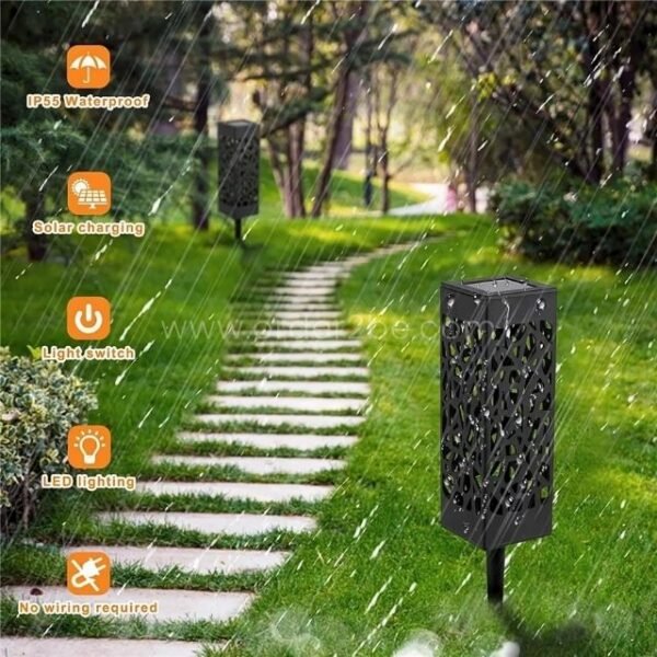 A creative solar garden light with an IP55 waterproof rating stands resilient in a rainy outdoor setting, highlighting its durability and functionality.