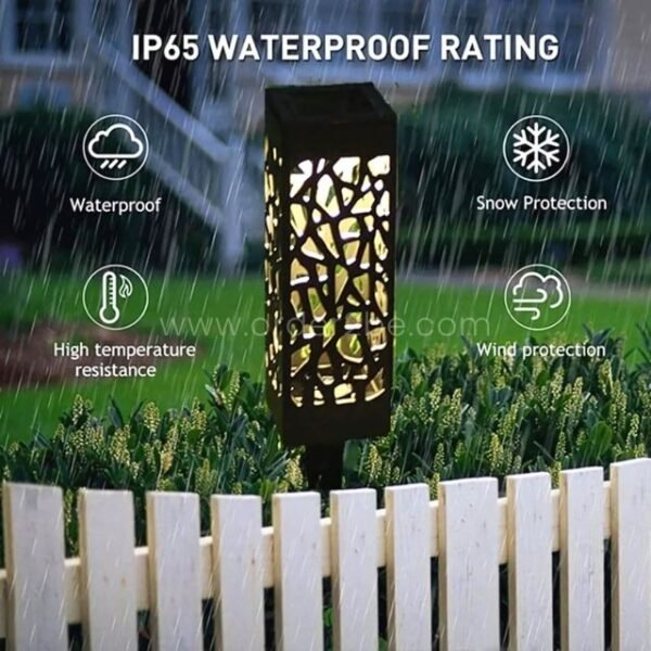 A creative solar garden light with an IP65 waterproof rating, standing strong against rain, snow, wind, and high temperatures.