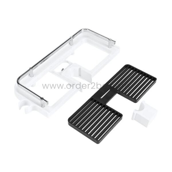 Disassembled shower caddy with modular parts: white base, black tray, and additional components.