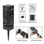 An infographic highlighting the key features of creative solar garden lights, including LED lamp beads, rainproof design, solar charging, and simple assembly steps.
