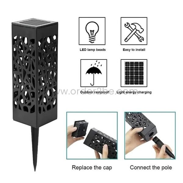 An infographic highlighting the key features of creative solar garden lights, including LED lamp beads, rainproof design, solar charging, and simple assembly steps.