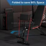 An adjustable full-body workout bench folded to save 80% of space, showcasing its compact design.