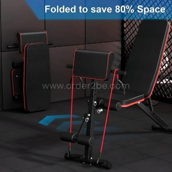 An adjustable full-body workout bench folded to save 80% of space, showcasing its compact design.