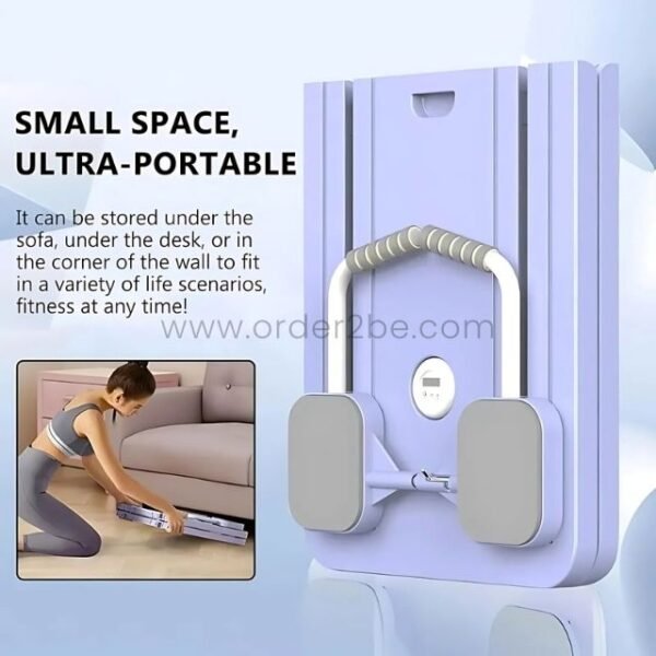 A woman stores a folded purple multifunctional exercise board under a sofa, highlighting its compact and portable design.