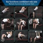 Six images showing a man performing various exercises on an adjustable full-body workout bench, highlighting its versatility.